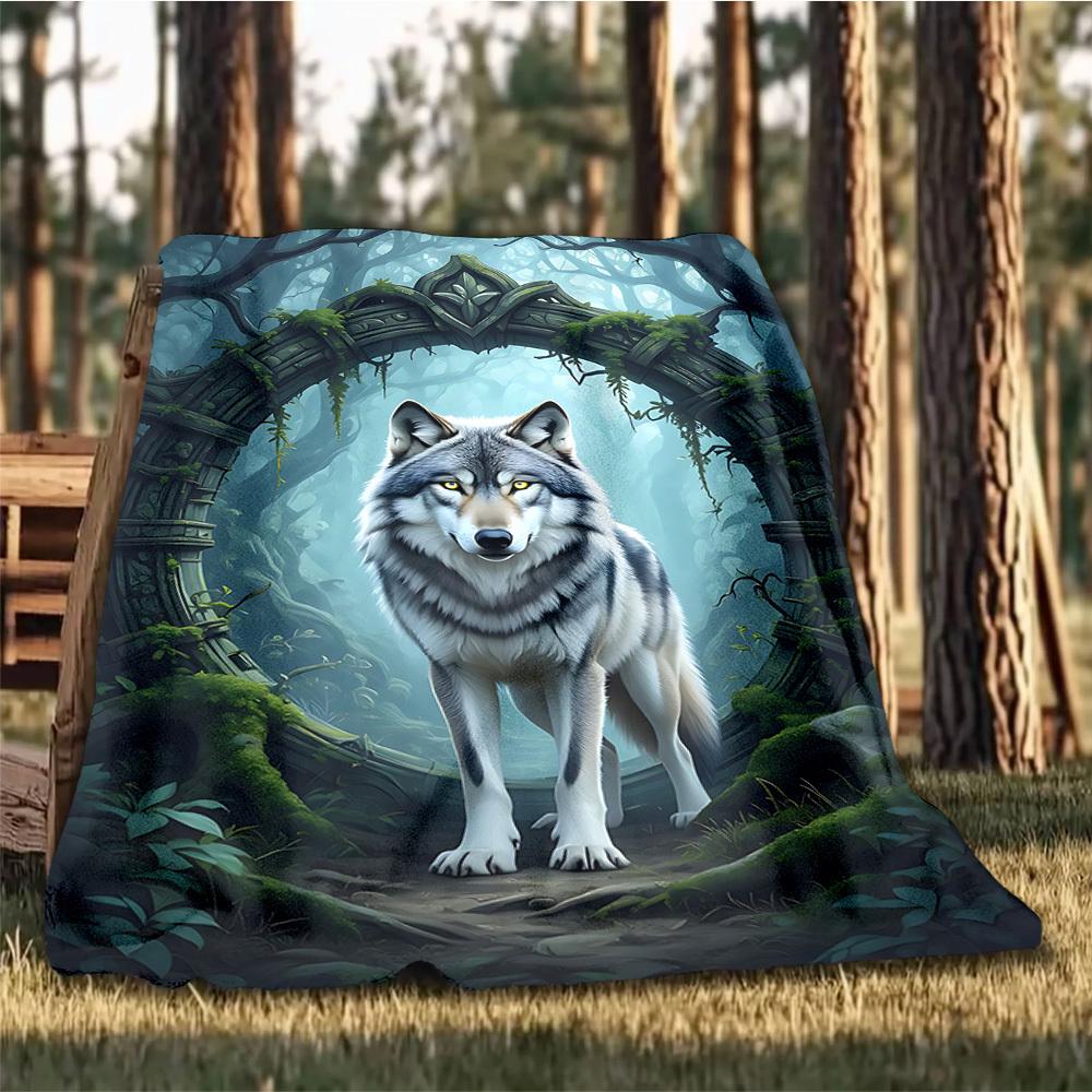 1pc Wolf Forest Outdoor Blanket - Soft Flannel Cozy for Travel & Camping - All-Season Warm Bed Cover, Machine Washable Yy251229074