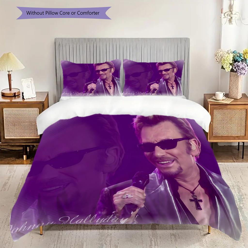 Johnny Hallyday Leben Tod Bettwäsche (1 Bettbezug + 2 Kissenbezüge, ohne Füllung) 2D flaches Weihnachts-Geburtstagsgeschenk Bettbezug und Kissenbezug