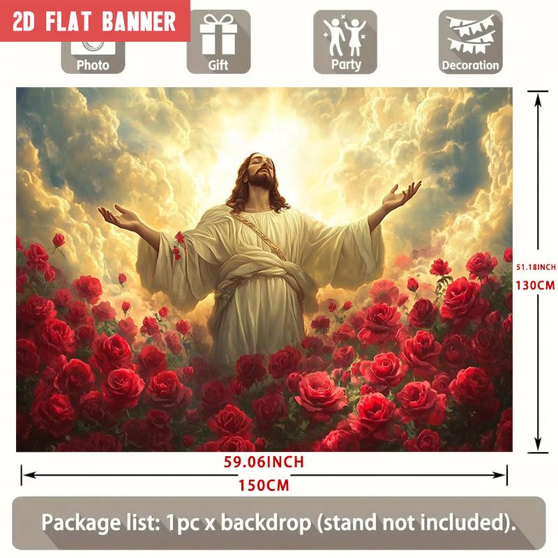Religious Backdrop Banner, White Robe Figure with Outstretched Arms over Red Roses and Starry Sky, 90.5x70.8 in Polyester Photo Booth Background