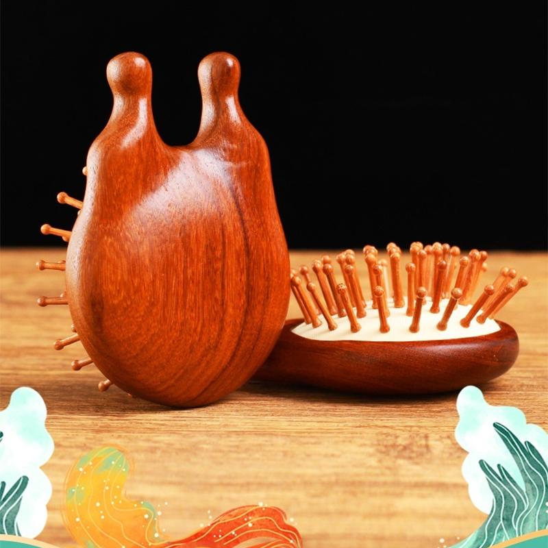 Double-Sided Meridian Comb Scalp Therapy Massage Comb Head Caring Natural Wood Round Handle Comb Scraping Body Massager