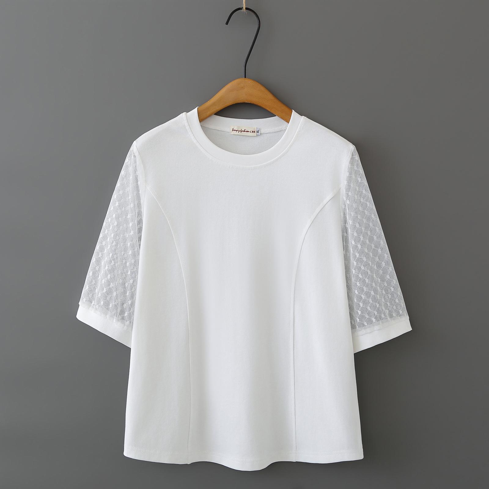 

2026 Summer Plus Size Women s Seven-Sleeve Lace Patchwork Round Neck Cotton T-Shirt 2XL білий