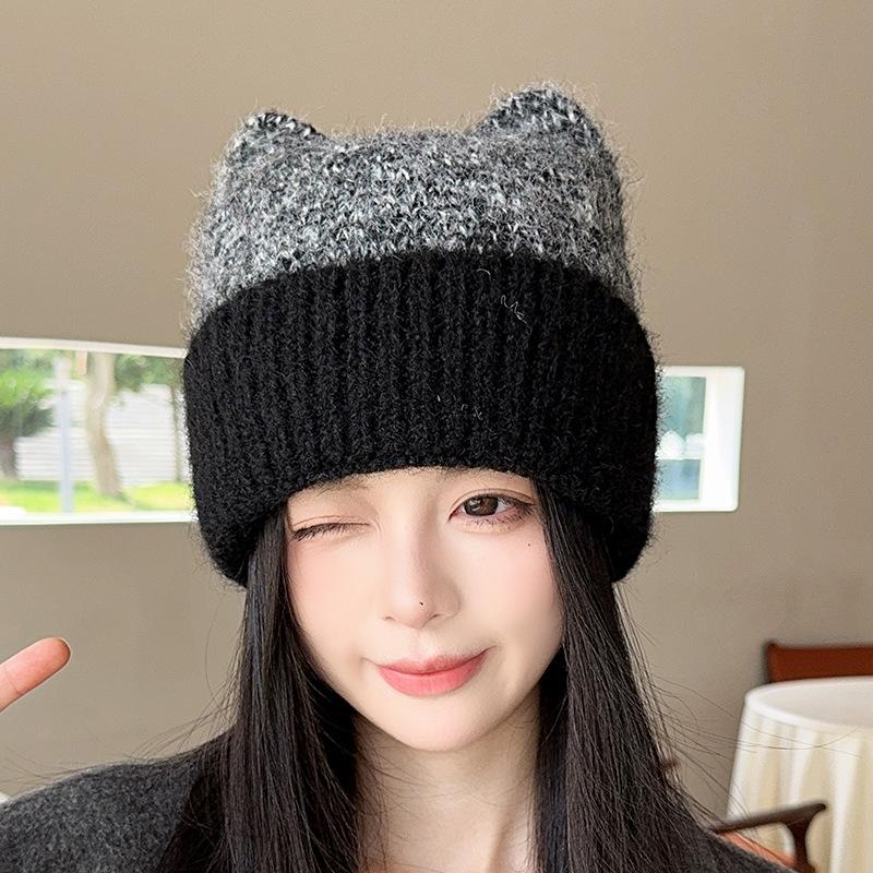

Милые вязаные шапки с кошачьими ушками, повязки для большой головы, теплые шерстяные шапки, подчеркивающие лицо, маленькие шапки-пуловеры и тренд на холодные шапки осенью и зимой M（56-58cm）
