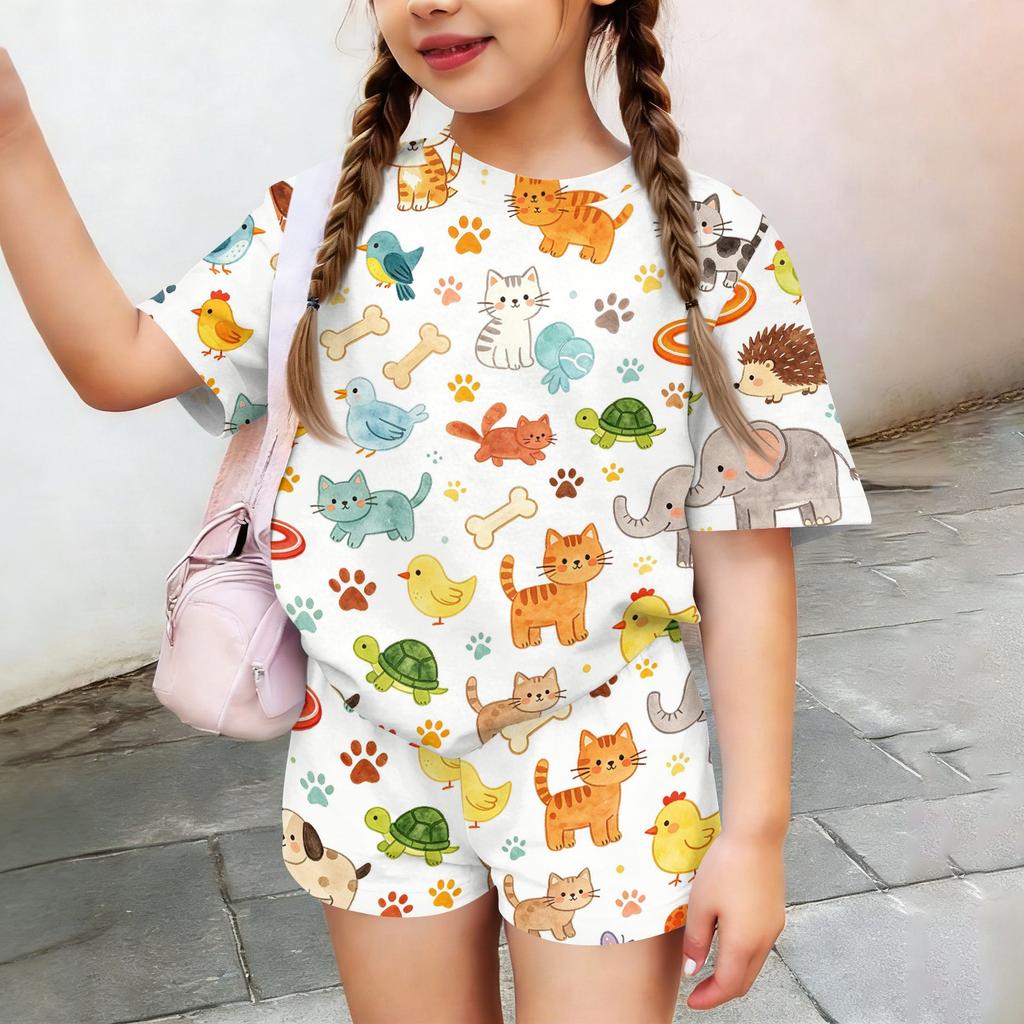 Kids Casual Short Sleeve Animal Print Top and Shorts Set Lightweight Breathable Soft Fabric Comfortable Fit