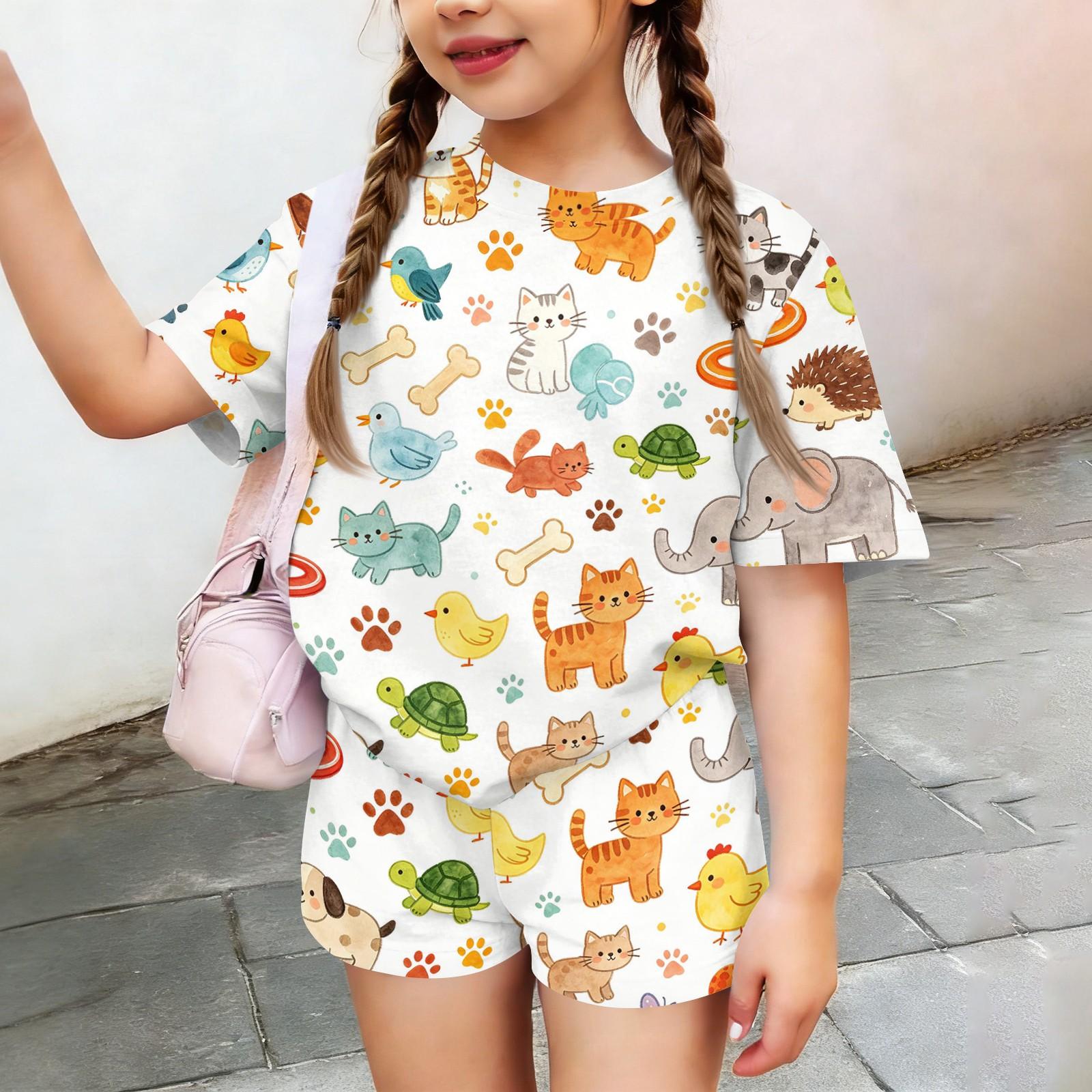 

Kids Casual Short Sleeve Animal Print Top and Shorts Set Lightweight Breathable Soft Fabric Comfortable Fit 110 бежевый