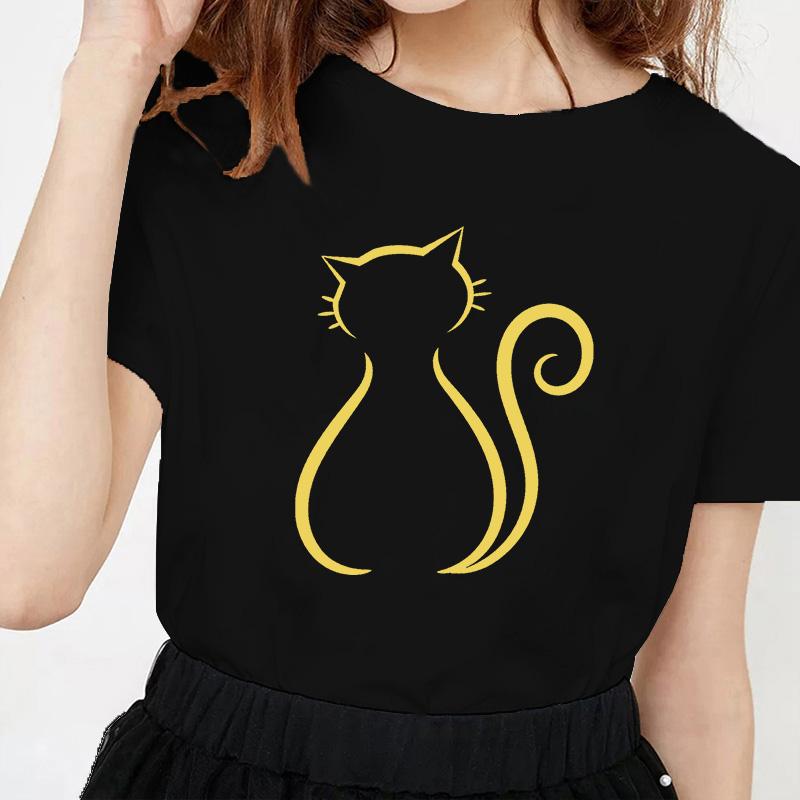 

Kawaii Cat Line Drawing Minimalist Print T Shirt Female Harajuku Aesthetic Streetwear Summer Clothes for Women Camisa Masculina S