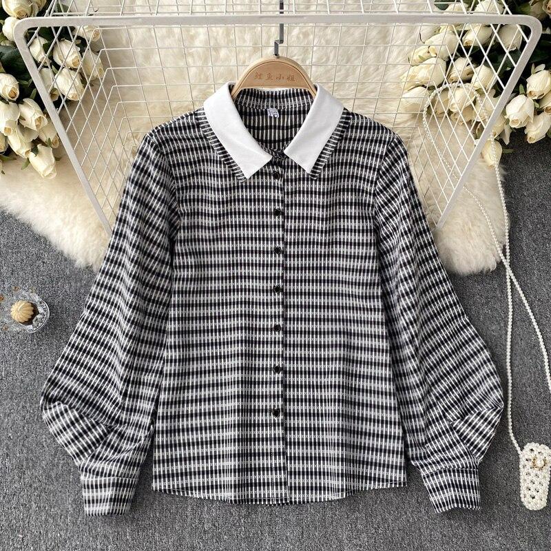 

Осенний новый полосатый клетчатый дизайн с лацканами и рукавами-фонариками, смысл ниши, великодушие, сотня с топами