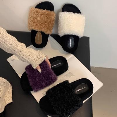 Women's Faux Fur Slippers Autumn Winter Thick Bottom Square Head Lazy Warm Cozy Versatile Comfortable Outside Wear Slippers
