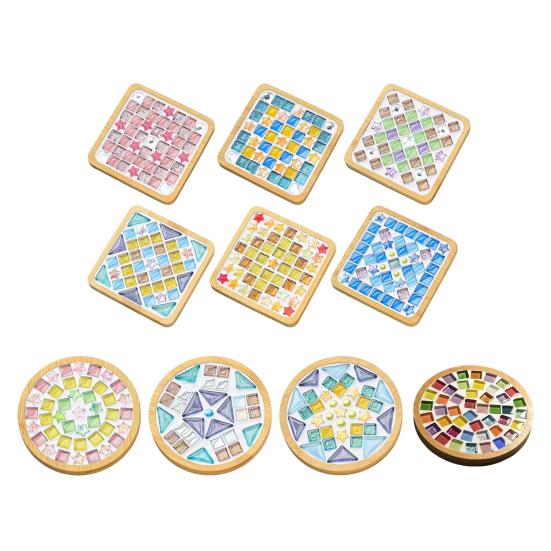 DIY Glass Mosaic Tile Coaster Set Mixed Color Mosaic Kit with Wooden Coaster Kids Adults Handmade Mosaic Crafts Coaster with Accessories