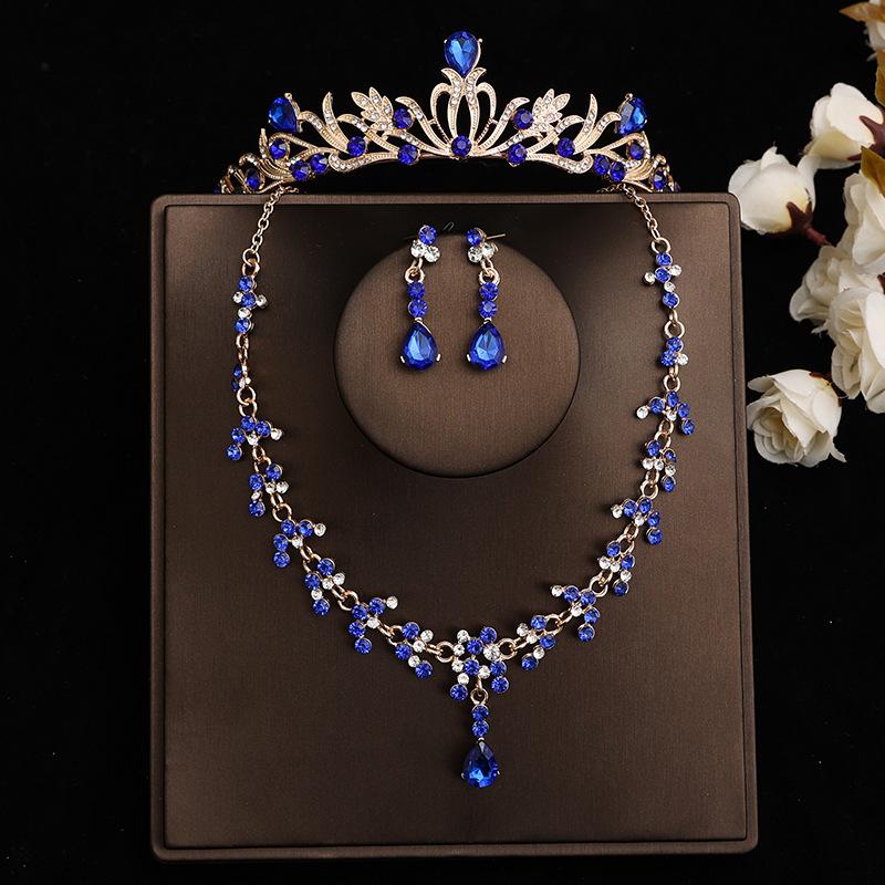 DIEZI Baroque Bridal Rhinestone Crown Tiaras For Women Wedding Princess Queen Blue Crystal Tiaras Necklace Earrings Jewelry Sets