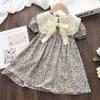 Girls Big Turn-down Collar Bow Floral Dress Summer Korean Children Clothing Peter Pan Collar Dress Bubble Sleeves Princess Dress