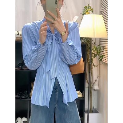 Women's Striped Blue Shirts Bow Design Fashionable Long Sleeved Blouses Office Ladies' Spring Waisted Cinched Tops