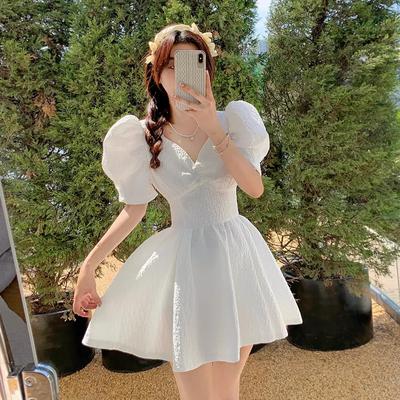 Summer New Sweet V-neck Waist Short Skirt Retro Lantern Sleeve Dress Women