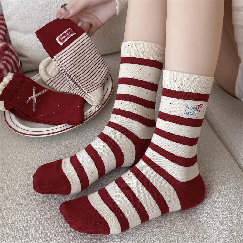 

Big Red Socks, Women s Bow Polka Dot Mid-calf Socks, Wedding Red Striped Cloth Label New Year Socks, Dui Dui Socks 1 pair