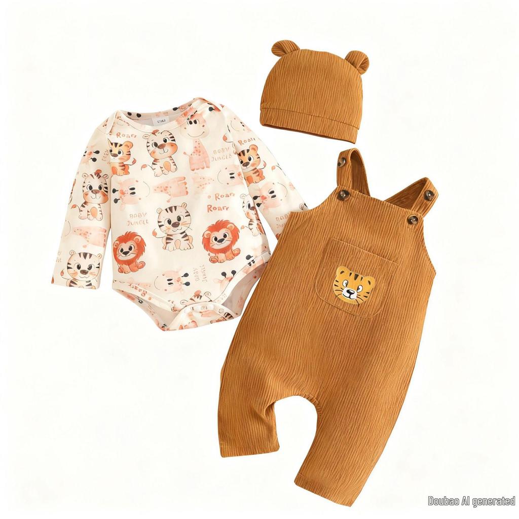 Autumn Lion Long Sleeve Bodysuit & Corduroy Overalls Set for Baby Boys