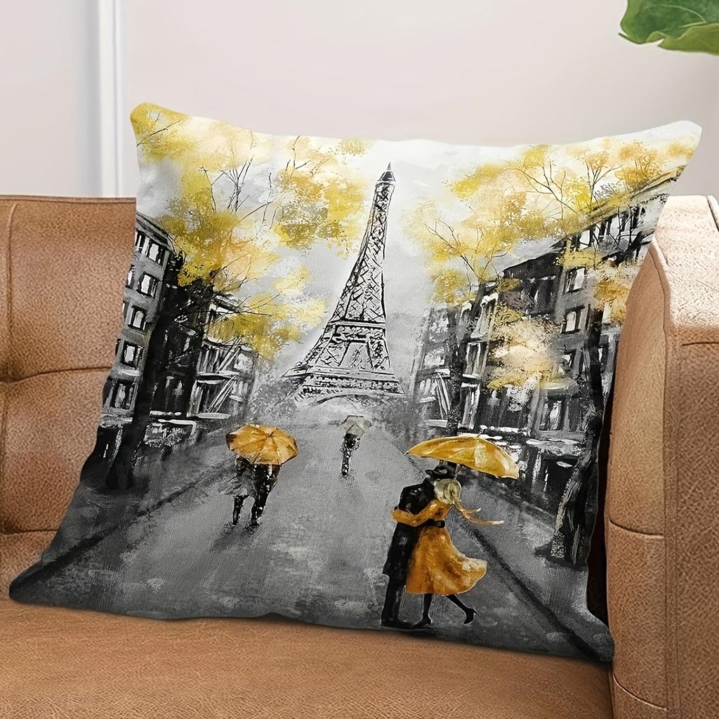 1Pc Paris Eiffel Tower Oil Painting Pillow Cover Romantic Autumn Landscape Single Side Print Cushion Cover No Insert