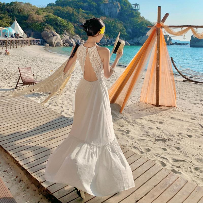 French white moonlight pendulum long dress summer seaside vacation collar suspender skirt super fairy