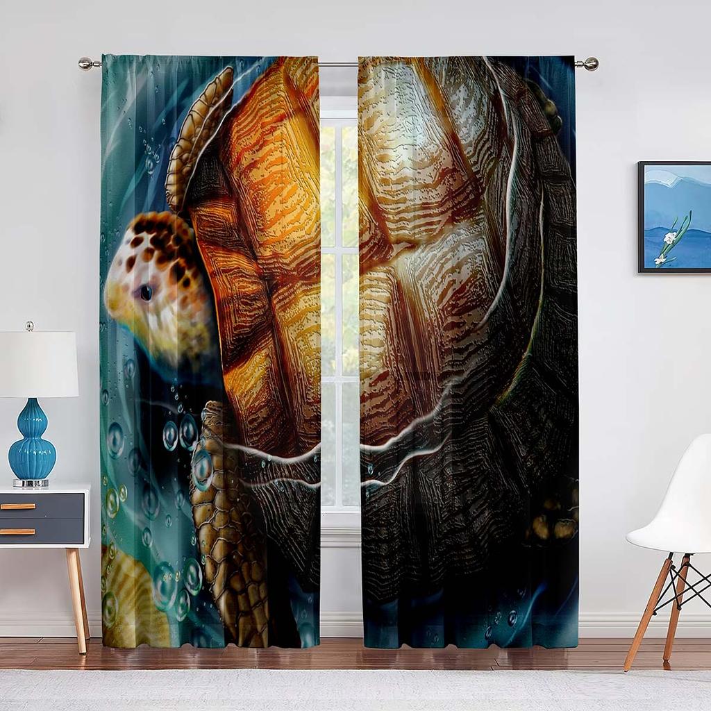 Cartoon Sea Turtle Tulle Curtains for Living Room Decoration Marine Animals Ink Blue Chiffon Sheer Voile Kitchen Bedroom Curtain