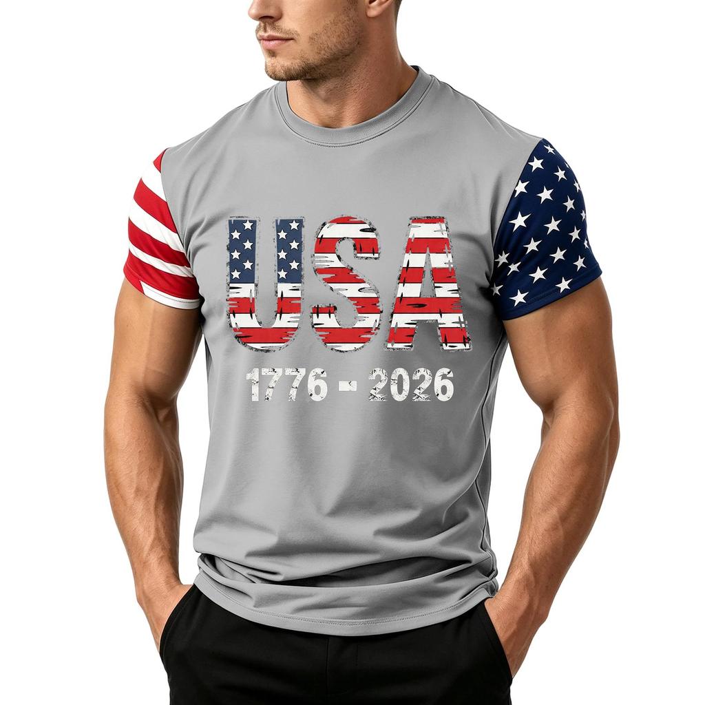 Men's Loose Fit Short Sleeve T Shirt USA Flag Print Casual Summer Daily Wear Crew Neck Top for Outdoor Activities