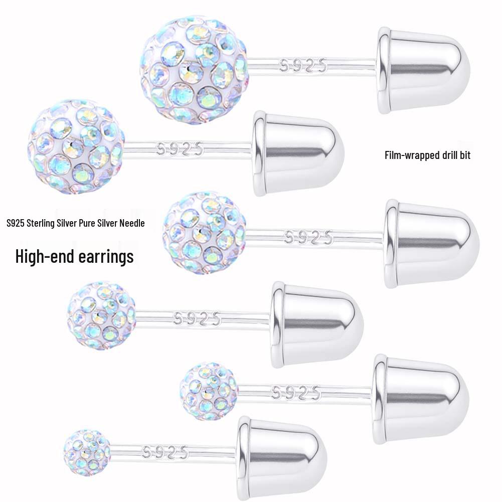 

S925 Sterling Silver Full Diamond Ball Stud Earrings with Bullet Head Design for Individual Fashionable Ear Cartilage. 6mm, pair