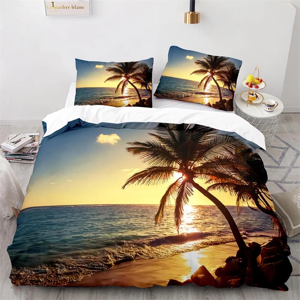 Täcke Strand Havssolnedgång Hawaiianska Vågor Täcke Tropisk Ö och Hav Strand Natur Polyester Sängkläder Set