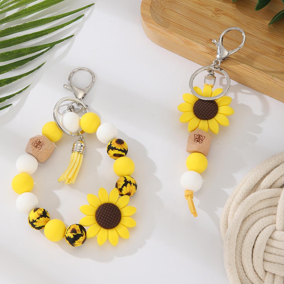 Silicone Bead Keychain Bracelet with Daisy Sunflower Pendant