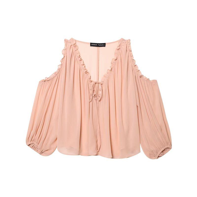 

Kaslead New Arrival Women s Clothing Fashion Style Fashion Minimalist Versatile Cold-Shoulder Chiffon Tops 1289123 Soft Pink L