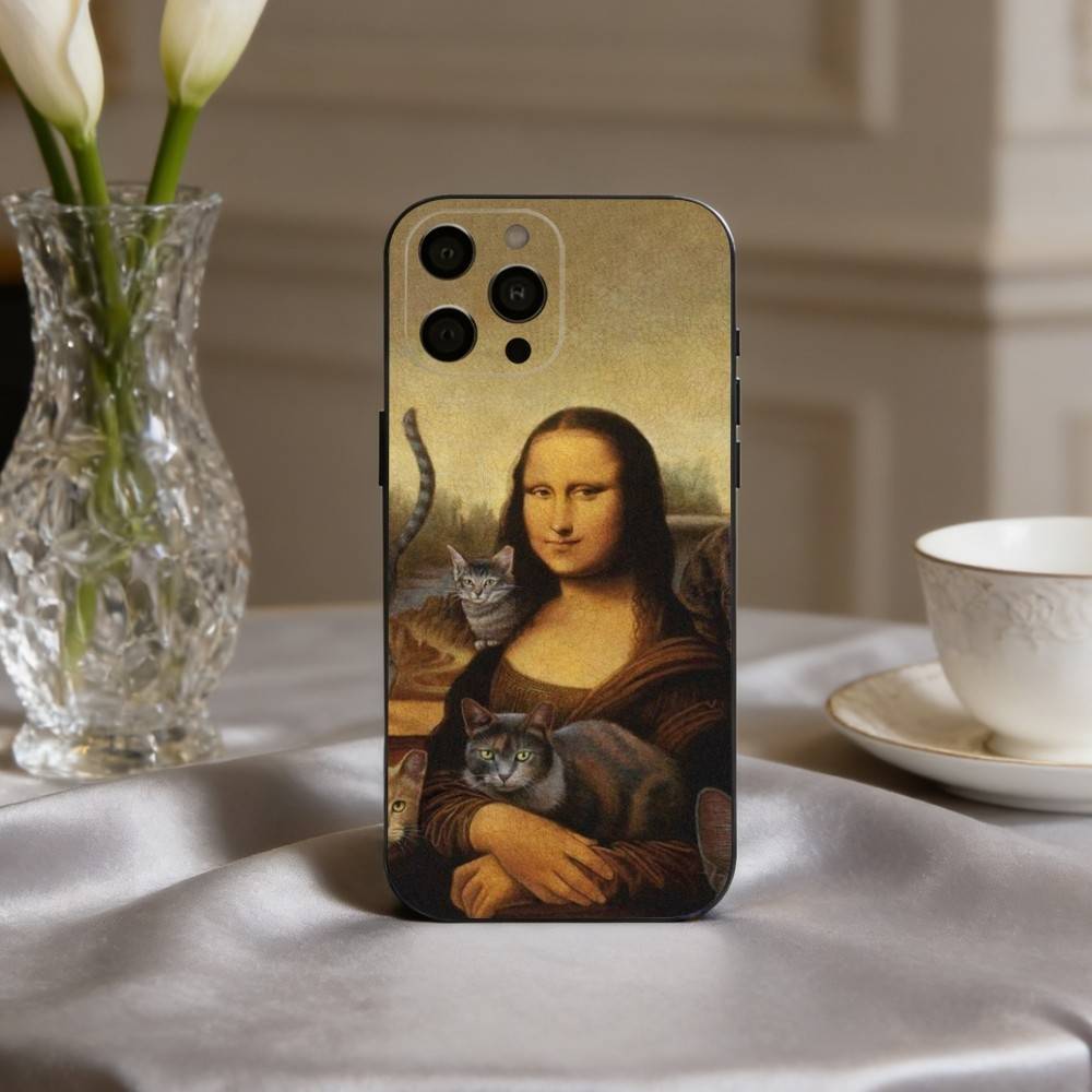 M-Mona-A L-Lisa Pat C-Cat Art Phone Case For iPhone 17,16,15,14,13,12,11 Plus,Pro Max,XS,Soft Silicone Black Cover