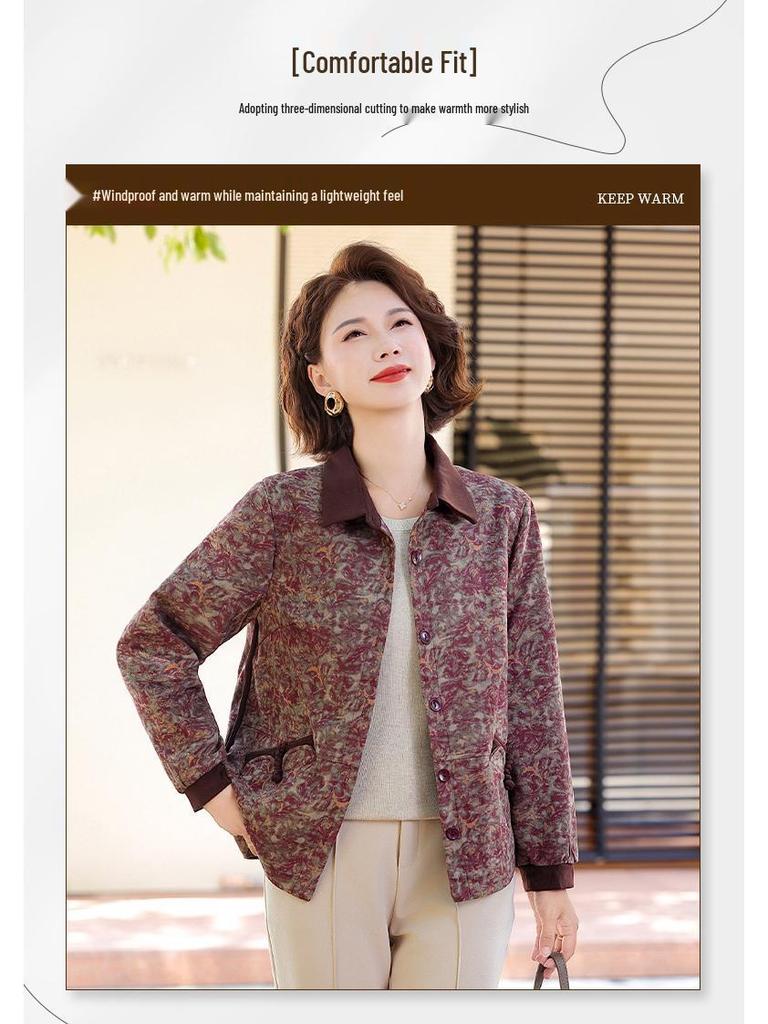 2025 Autumn/Winter New Mom's Casual Print Loose Lapel Zipper Jacket for Middle-Aged and Elderly Women