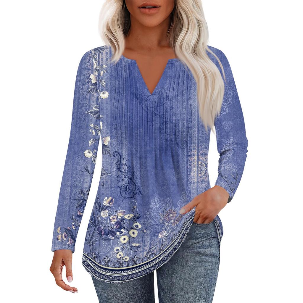 Damenmode Lässig Plissiert V-Ausschnitt Einfarbig Langarm T-Shirt Elegante Oberteile
