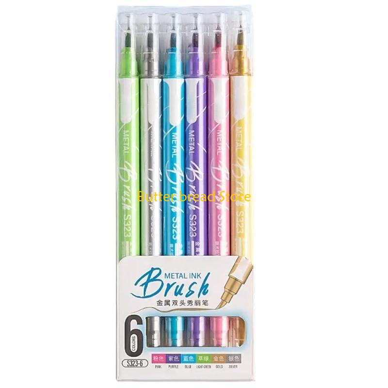 W89C Metallic Glittered Marker 6/12/24 Color Double Ended Brush Pen for Scrapbooking