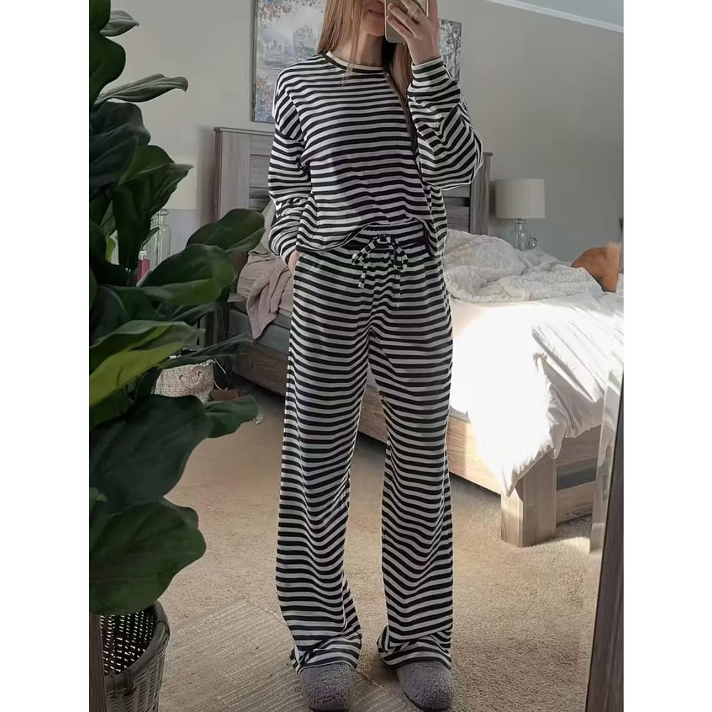 Women's Solid Color Simple Striped Pajama Set, Adjustable Drawstring Pants and Contrasting Round Leader Top Combination