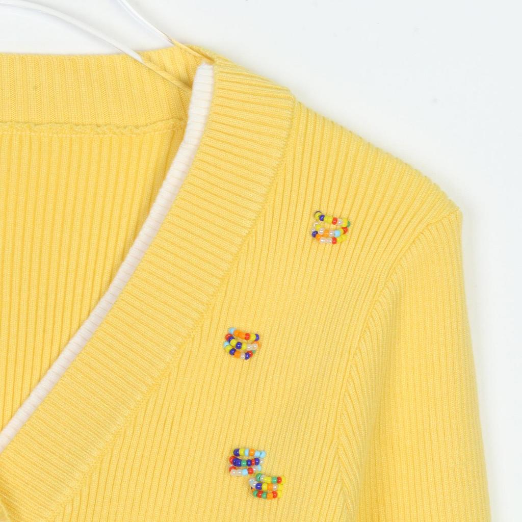 Women's French Retro Knit Cardigan: V-neck, Long Sleeve, Beaded Faux Two-Piece, Color Block Short Top