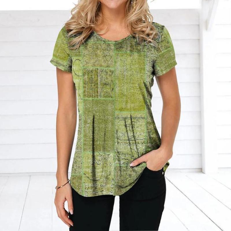 Vintage Damen T-Shirt Sommer Kurzarm Top T-Shirt Bunte Patchwork Kleidung O-Ausschnitt Übergroße Bekleidung Täglich für Damen T-Shirt