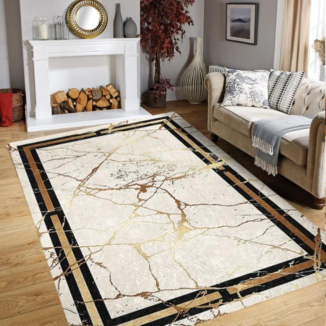 

Gold and Beige Marble Pattern Rug Non-Slip Luxury Framed Living Room RugRectangle Fringed Carpet Dining Room Rug Modern Area Rug 40x60cm