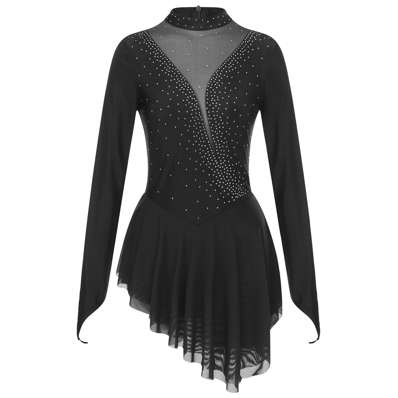 HULIJA Vrouwen Kunstschaatskostuum Glanzend Strass Sheer Mesh Lyrische Dans Ballet Gymnastiek Turnpakje Jurk met lange mouwen S zwart