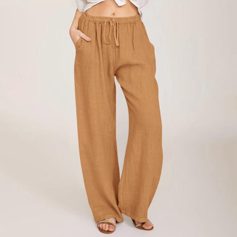 GMXIA Large Size Women's Elastic Waist Long Linen Casual Loose Wide Leg Trousers