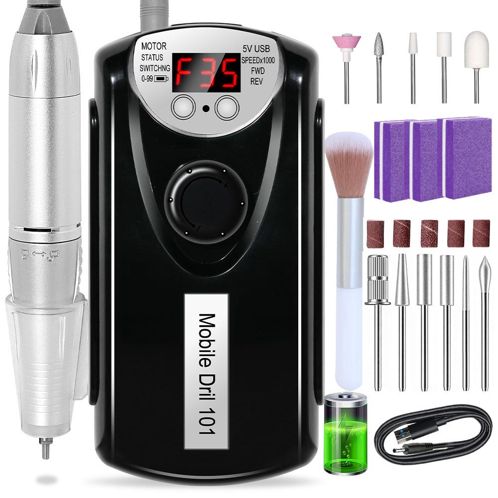 

35000 об/хв Електричний фрезер для нігтів Професійний верстат-фрезер Низький рівень шуму Електрична шліфувальна машина Набір пилок для полірування гелю USB чорний