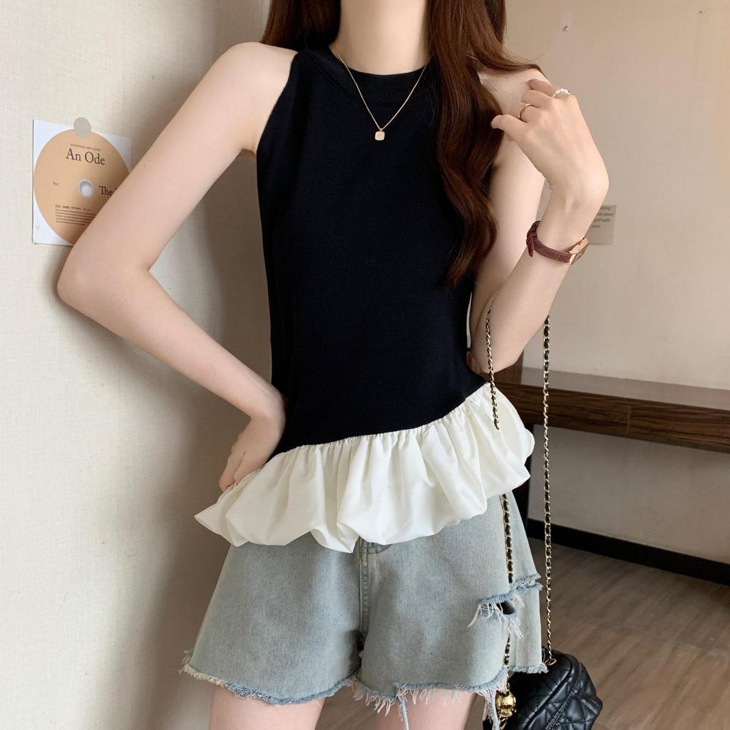 2025 Women's French-Style Patchwork Halterneck Sleeveless Top: Sweet & Spicy Slim Fit Summer Vest