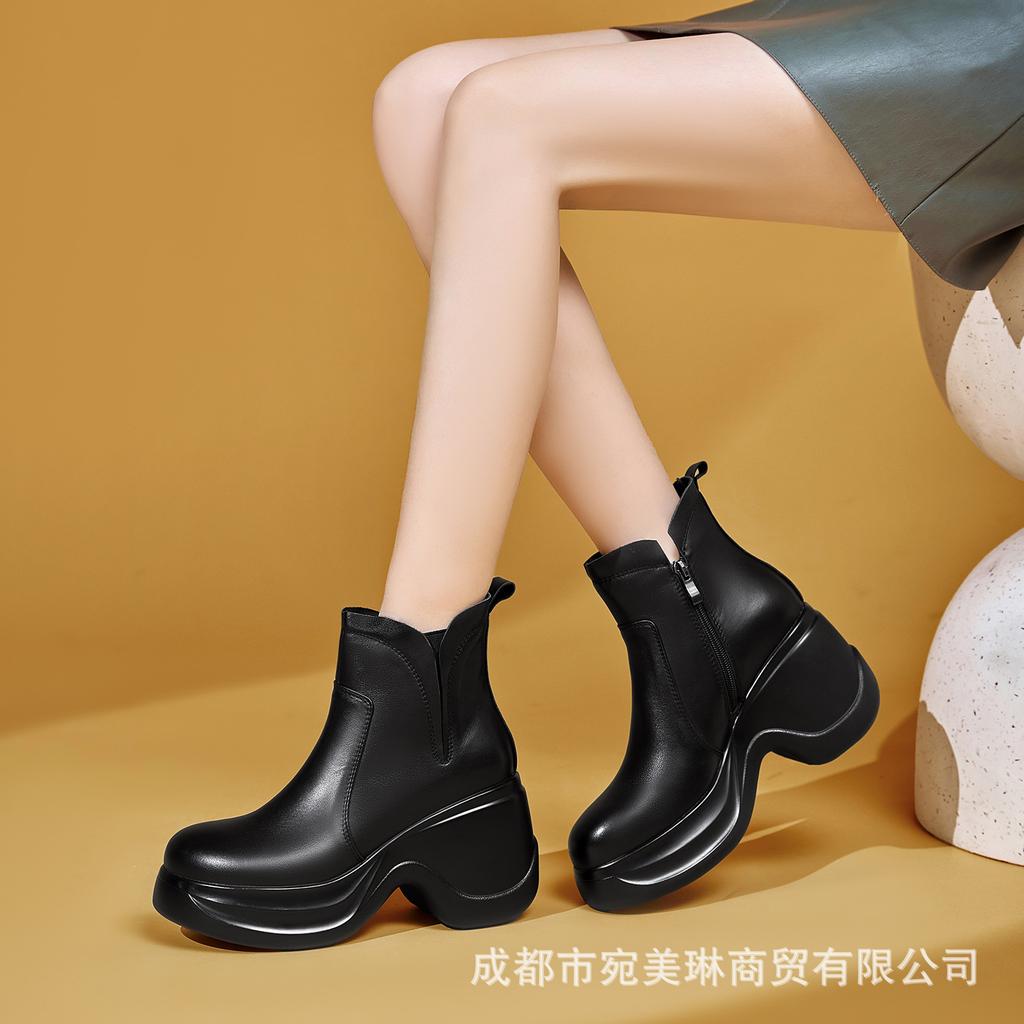 Autumn and winter new round head thick-soled leather Martin boots for women, thick heel waterproof table V-mouth side zipper, super high heel short b