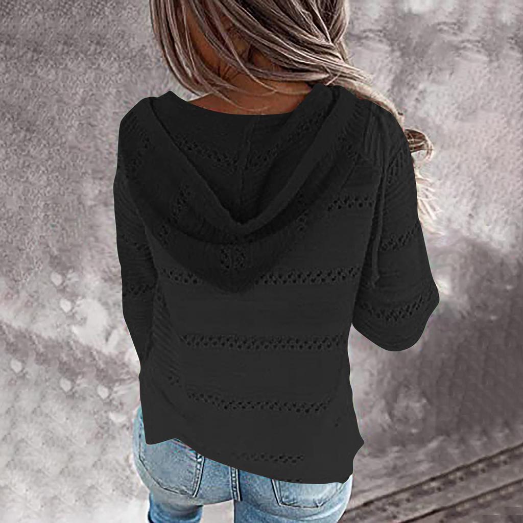 Fashion Women Casual Solid V-Neck Long Sleeves Hooded Sweater Blouse Tops