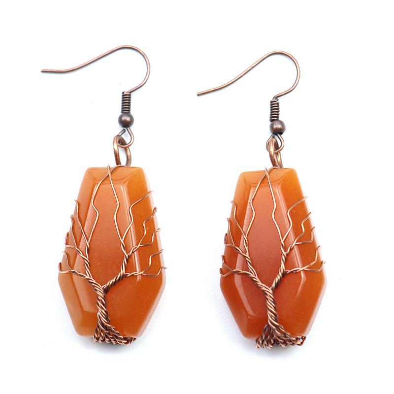 Handmade Agate Coffin Board Tree of Life Earrings - Natural Stone Crystal Dangle for Wealth and Harmony.