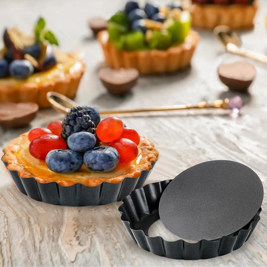 4-inch mini tart molds nonstick carbon steel removable-bottom daisy-edged round baking pan black 8PCS