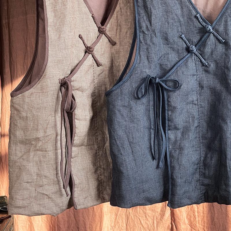 Johnature Women Chinese Style Linen Vests Coat V-Neck Sleeveless Patchwork Pockets Solid Color Fall Women Vintage Vests