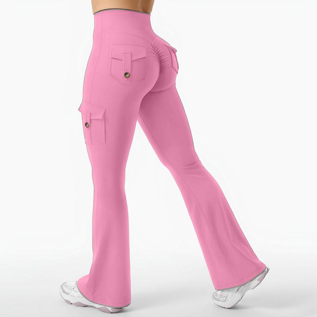 Women's Sports Flared Leggings With Pockets, Stretchy High-Waisted Workwear Yoga Pants