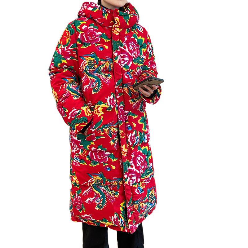 Northeast Floral Hanfu Long Hooded Cotton Coat - Unisex Loose-Fit, Warm, Trendy Cold-Protection Jacket