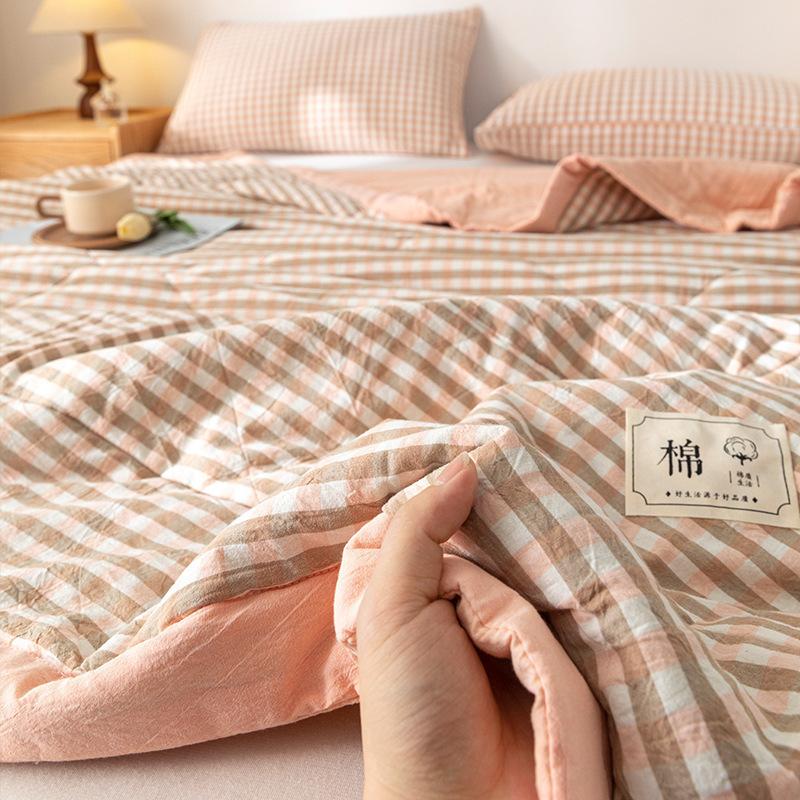 Plaid Print Washable Cotton Summer Cooling Quilt Lightweight Breathable Machine Washable for Student Dorms Single Double Beds Air Conditioner Rooms