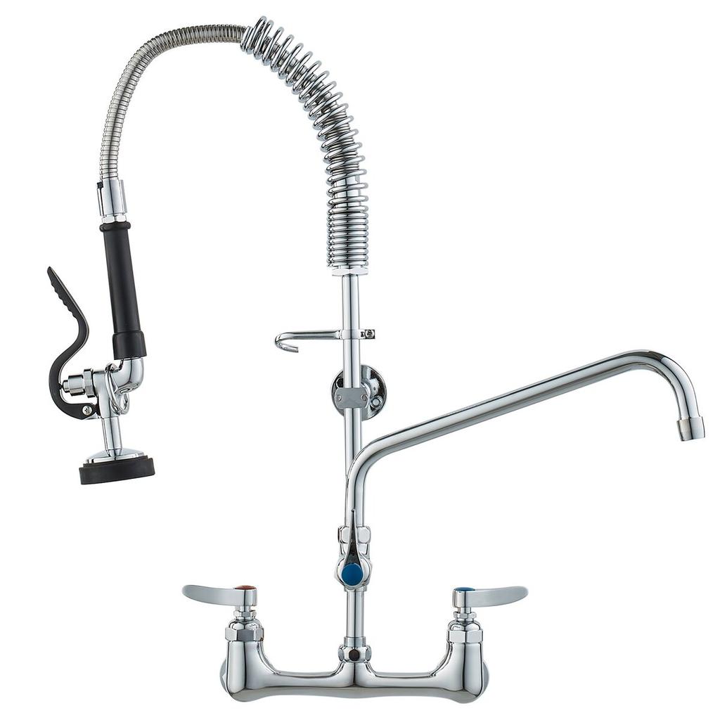 Commercial Faucet with Pre-Rinse Sprayer, 25" Height, 8" Center, 12" Swing Spout, Wall Mount Kitchen Sink Faucet, Brass Constructed Device with Pull