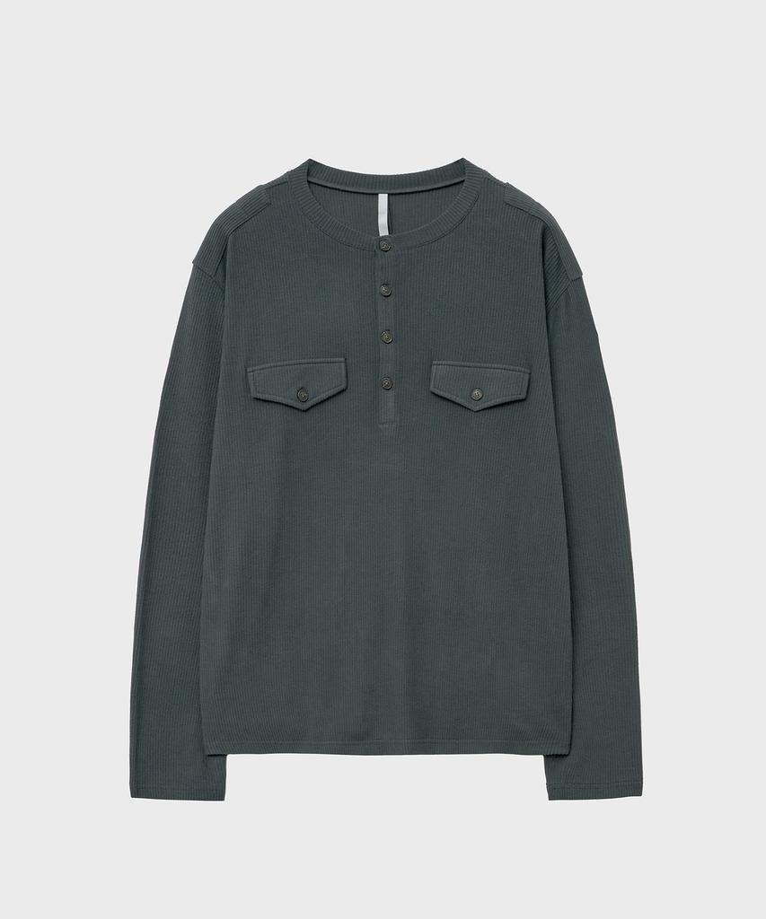 NOIRER Geripptes Henley-Langarm-T-Shirt (Dunkelgrau)