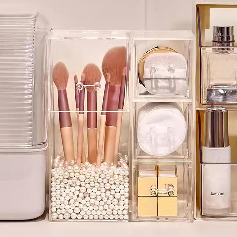 Makeup Brush Holder,Clear Cosmetic Brushes Organizer With Drawer for Storage Brushes with Lid for Dressing Tables and Vanity
