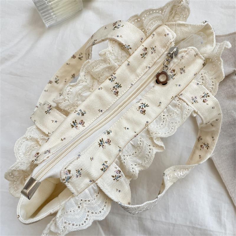 Cute Sweet Lace Floral Handbag Large Capacity Casual Commuting Tote Bag Portable Storage Bag Girl Heart Clutch Cosmetic Bag Gift